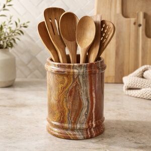 Heavy Banded Onyx Marble Stone Utensil Crock Cachepot Vase 6 5/8” RARE